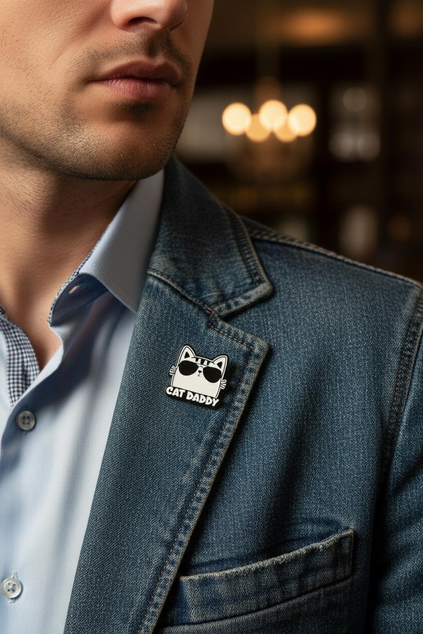 Enamel pin with a cat design wearing sunglasses and 'Cat Daddy' text on a white background