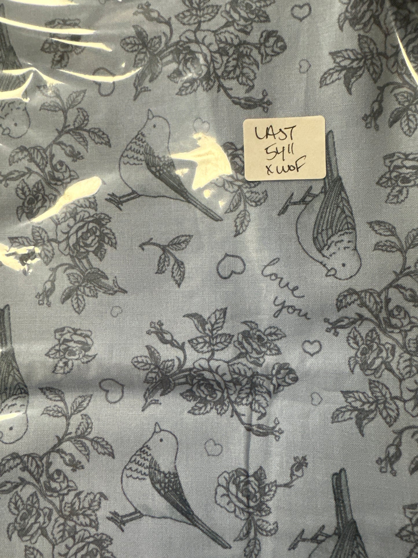 Last 54” x width of fabric - almost 1.5 metres- Clothworks - Pen Pal - Light Denim Toss - Birds, Floral , Hearts