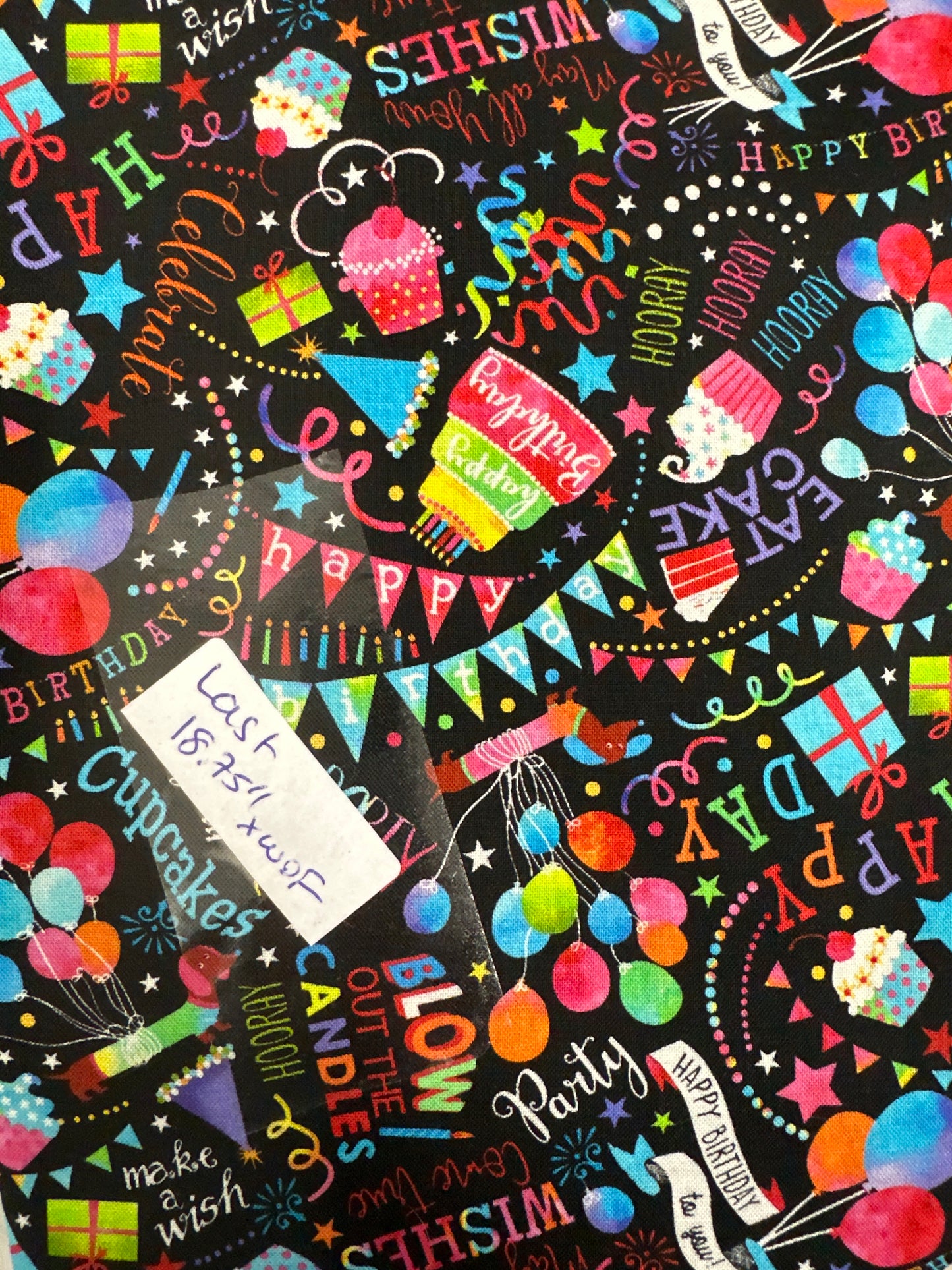Last 18.75” x width of fabric - Timeless Treasures - Party Animal Collection - Happy Birthday Wishes - Black