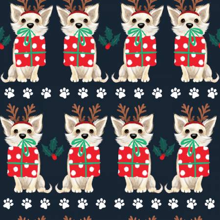 3 Wishes Fabric -  Santa Paws Santa’s Helper - Navy
