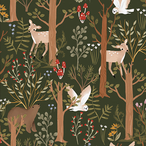 3 Wishes Fabric - Cozy Forest - Whimsical Woods Green - Green