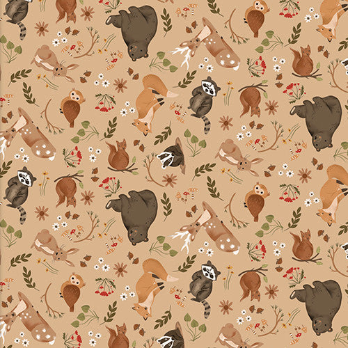 3 Wishes Fabric - Cozy Forest - Tossed Animals - Tan