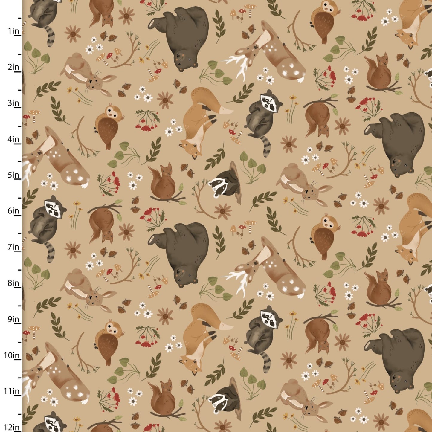 3 Wishes Fabric - Cozy Forest - Tossed Animals - Tan