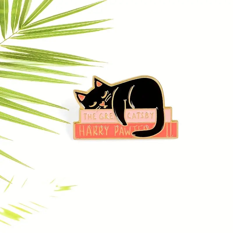 Enamel Pin - Black Cat sleeping on Books