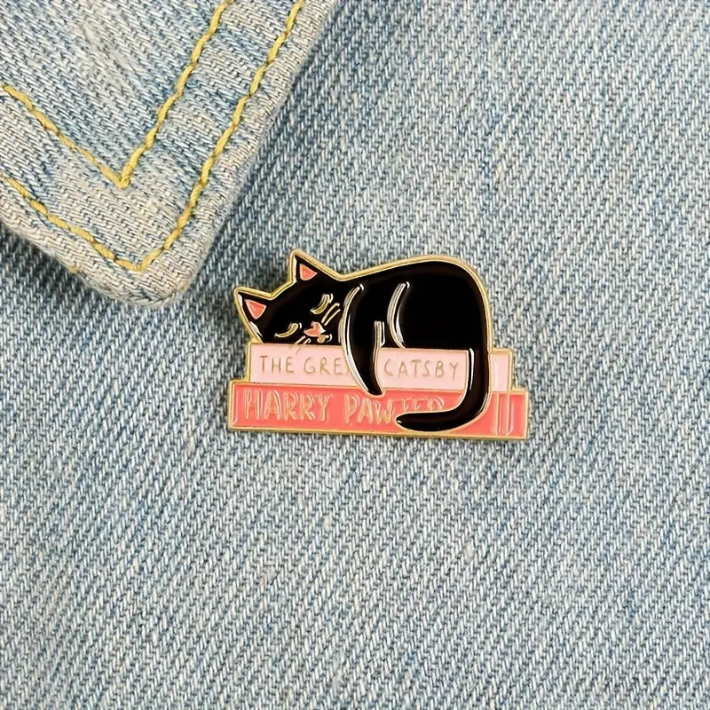 Enamel Pin - Black Cat sleeping on Books