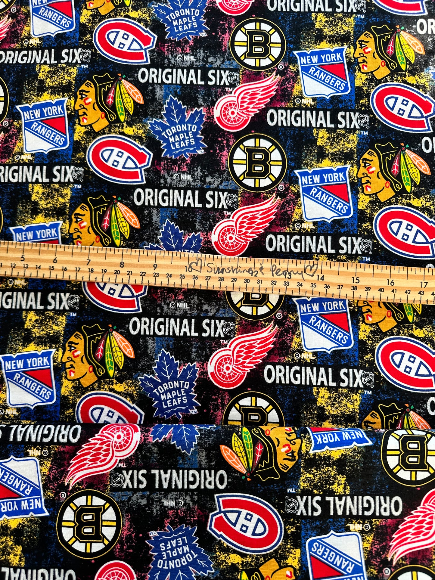NHL Hockey - Original Six Distressed Tossed Logo Allover Cotton - Per Half Metre