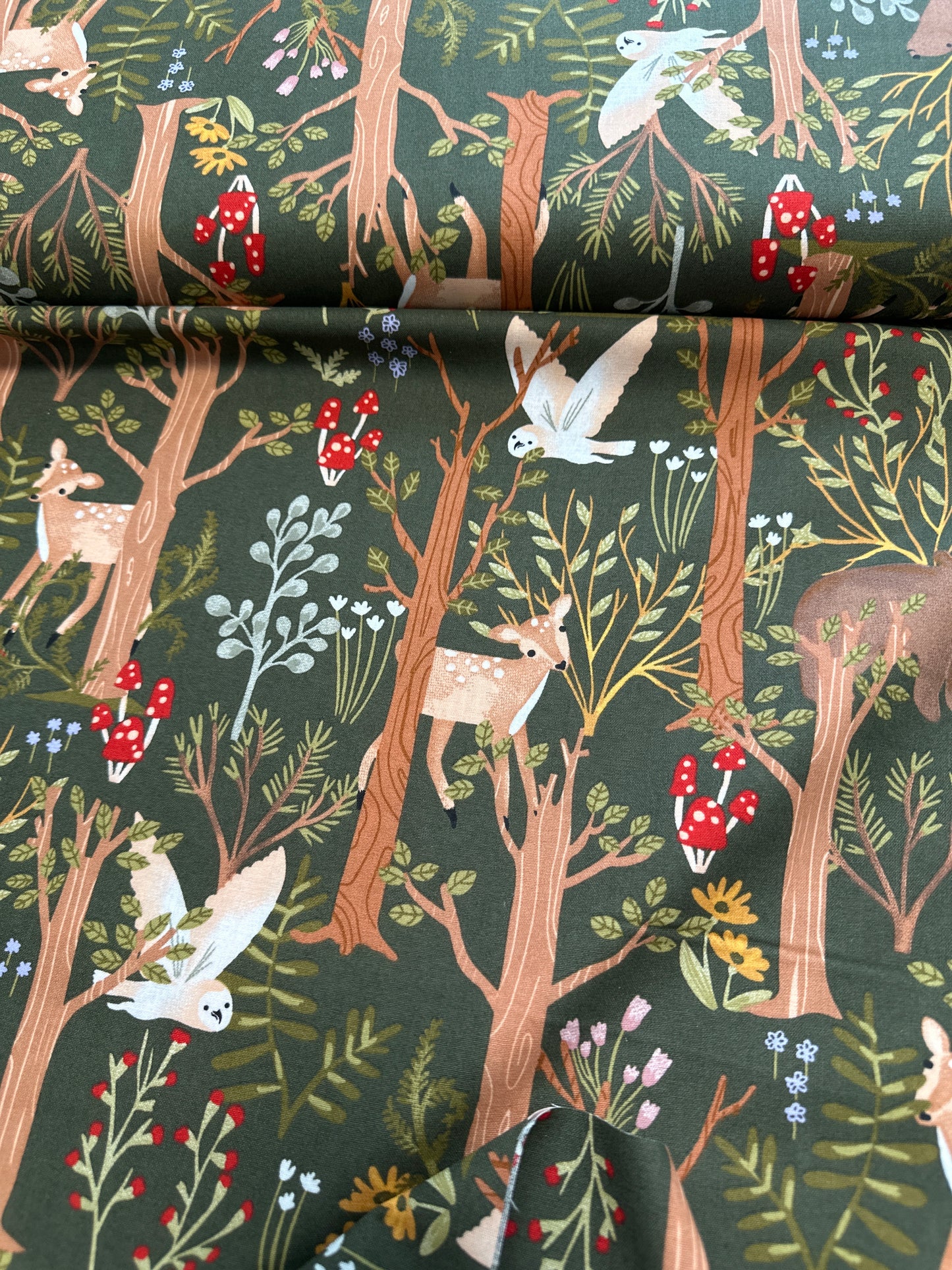 3 Wishes Fabric - Cozy Forest - Whimsical Woods Green - Green