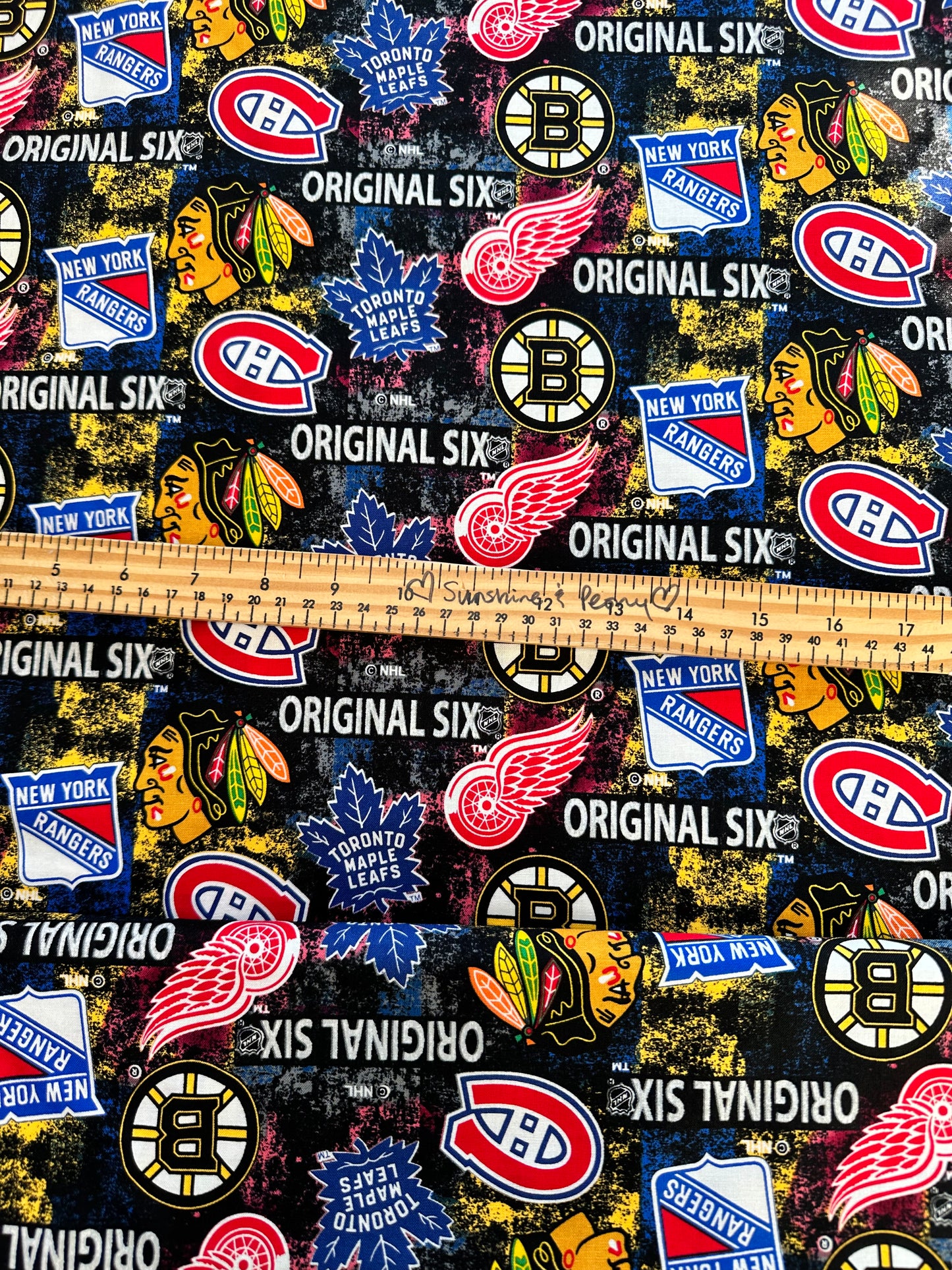NHL Hockey - Original Six Distressed Tossed Logo Allover Cotton - Per Half Metre