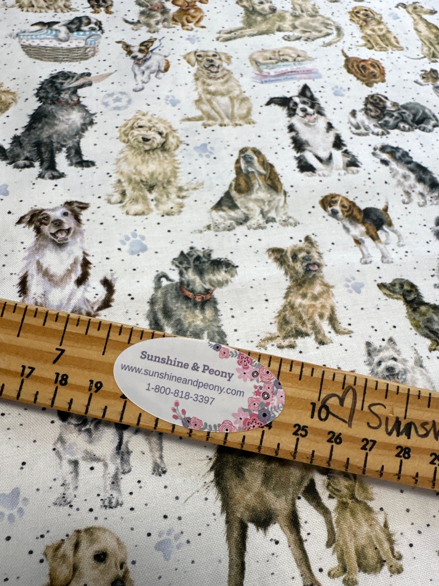 Tossed Dogs on white part of the Whiskers & Paws by Hannah Dale Collection- Hannah Dale for Maywood Studio - sold by the half metre