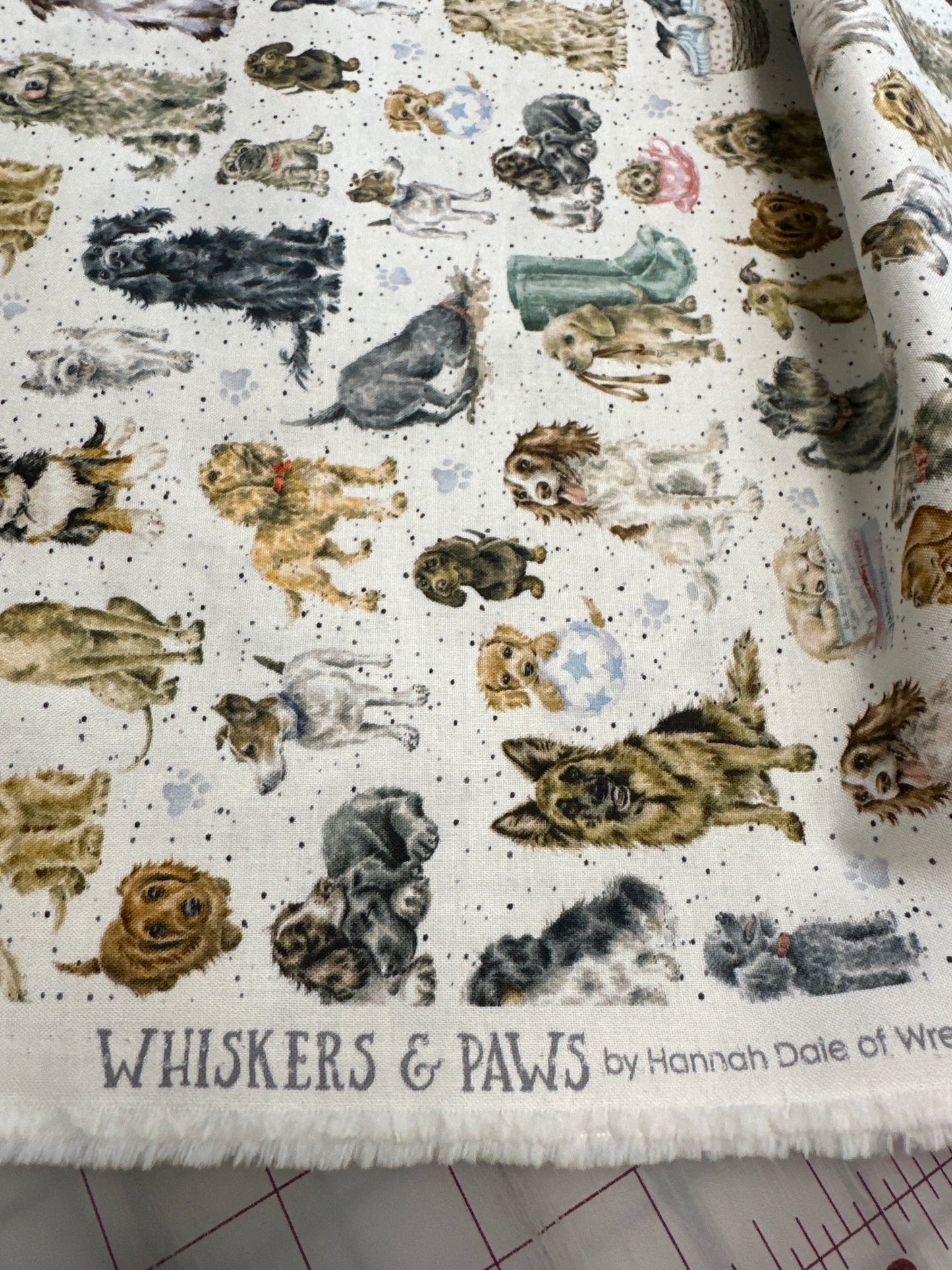 Tossed Dogs on white part of the Whiskers & Paws by Hannah Dale Collection- Hannah Dale for Maywood Studio - sold by the half metre