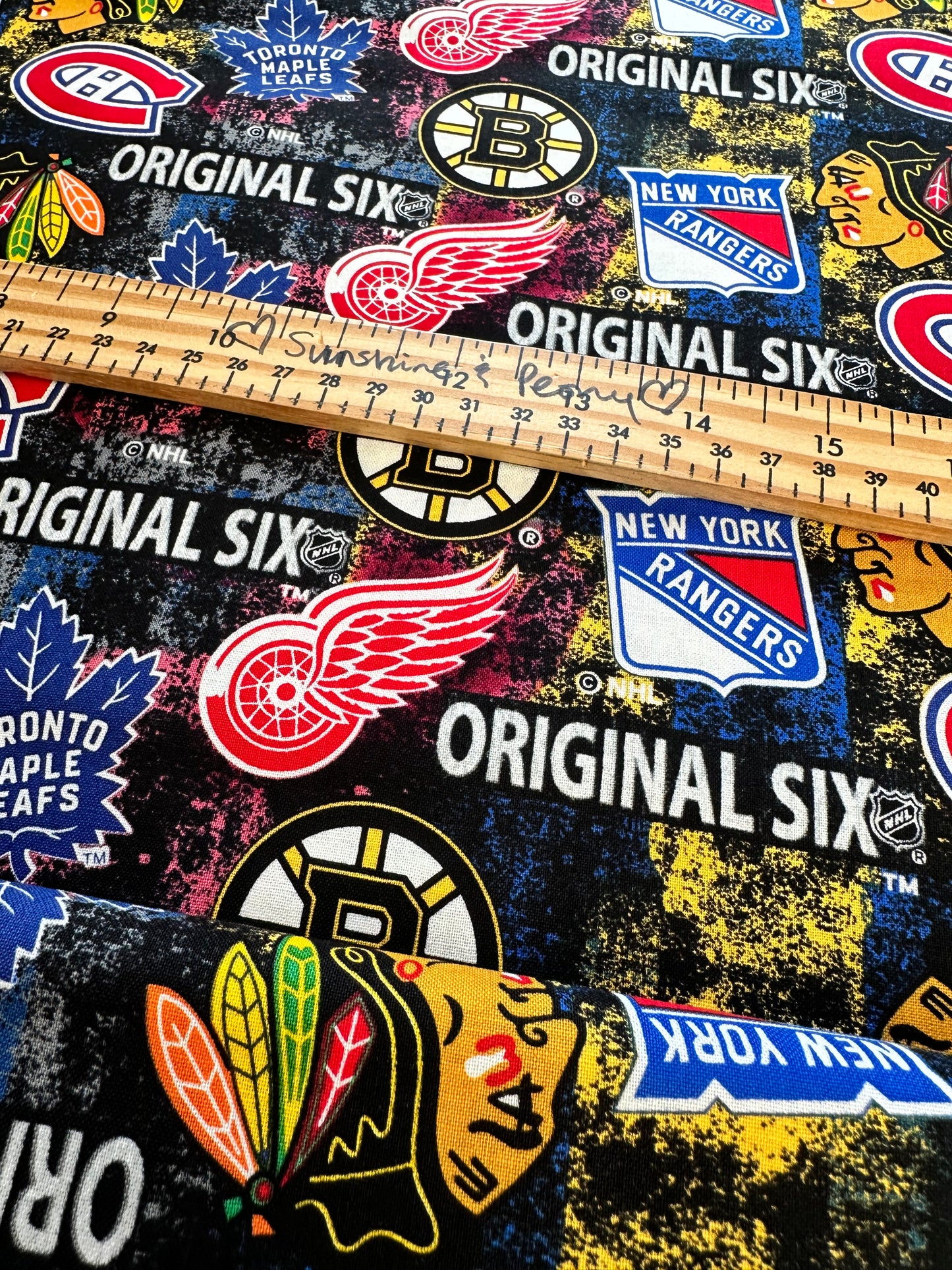 NHL Hockey - Original Six Distressed Tossed Logo Allover Cotton - Per Half Metre