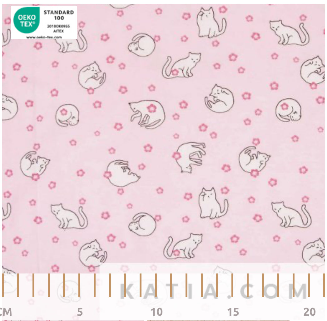 Tricot - Katia Fabrics - Rose - Chats en fleurs de cerisier - Jersey - vendu au demi-mètre