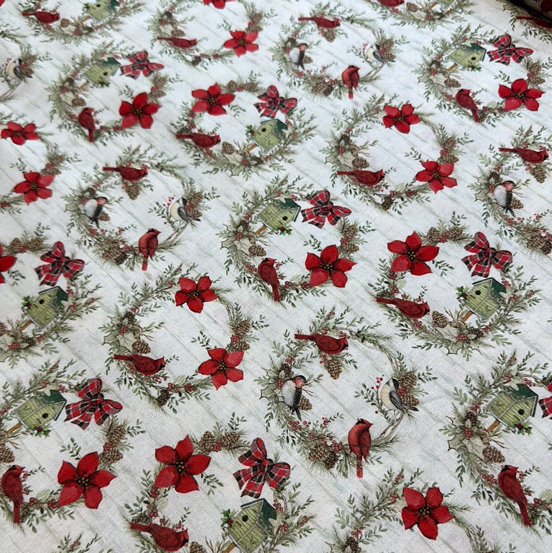 Back in stock - Christmas by Susan Winget Collection - Cardinal Wreaths - Priced per half metre