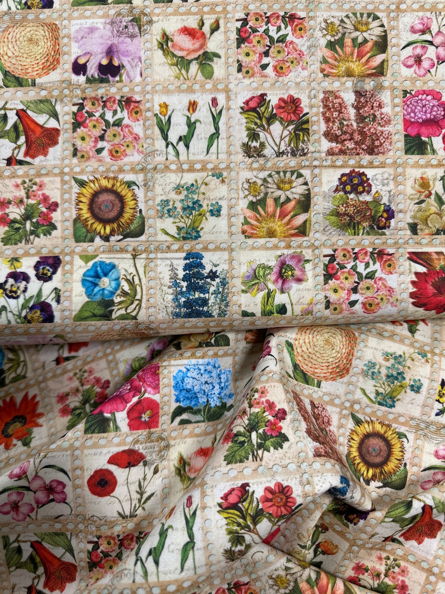 Last 35.5” x width of fabric - Library of Rarities - ANTIQUE - Vintage Flower Stamps - Robert Kaufman