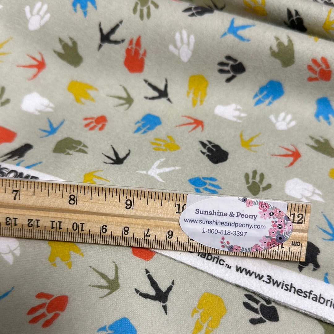 Flannel - 3 Wishes - Totally Roarsome Flannel by Josh Rey Collection  -  Dino Tracks - Green - Priced by the Half Metre