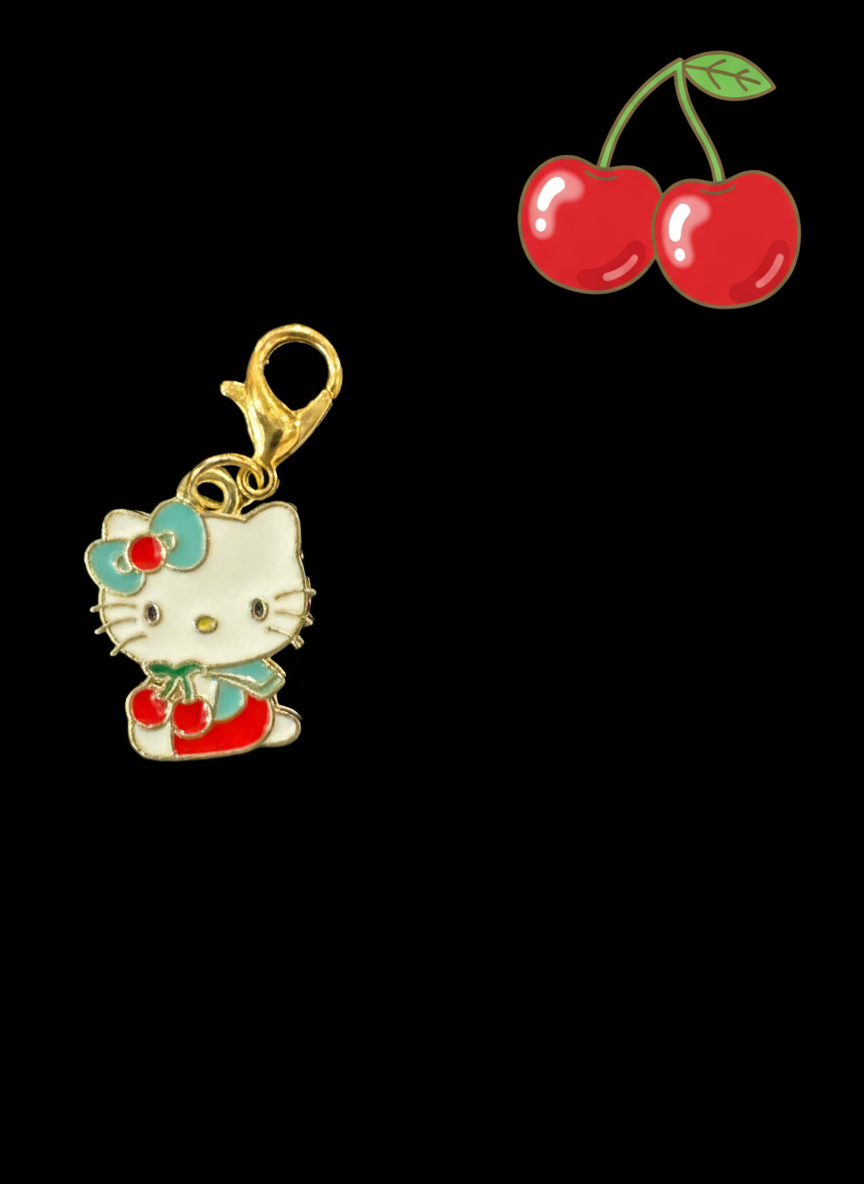 Stitch Marker/Zipper Pull - Charm - Cute Kitty - with floral and cherries