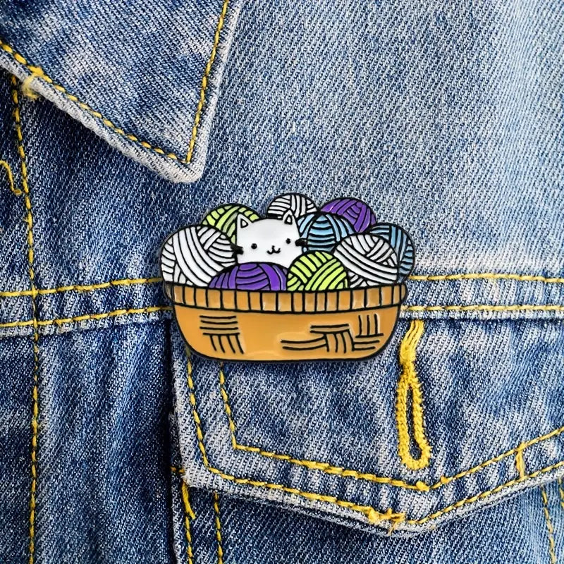 Enamel Pin - Cute Cat in a yarn basket