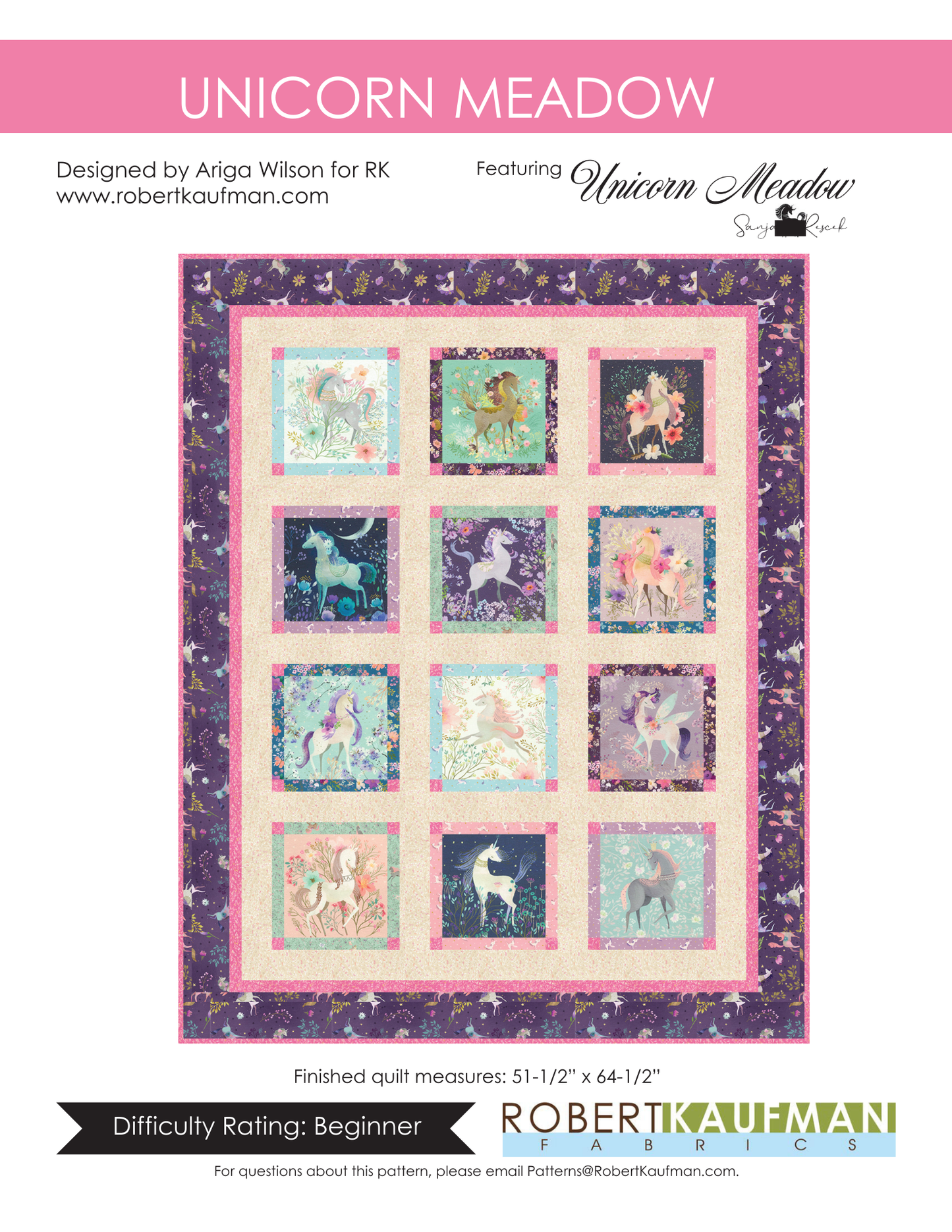 Last cut from bolt - 55" x width of fabric - Robert Kaufman Fabrics - Unicorn Meadow - Pink