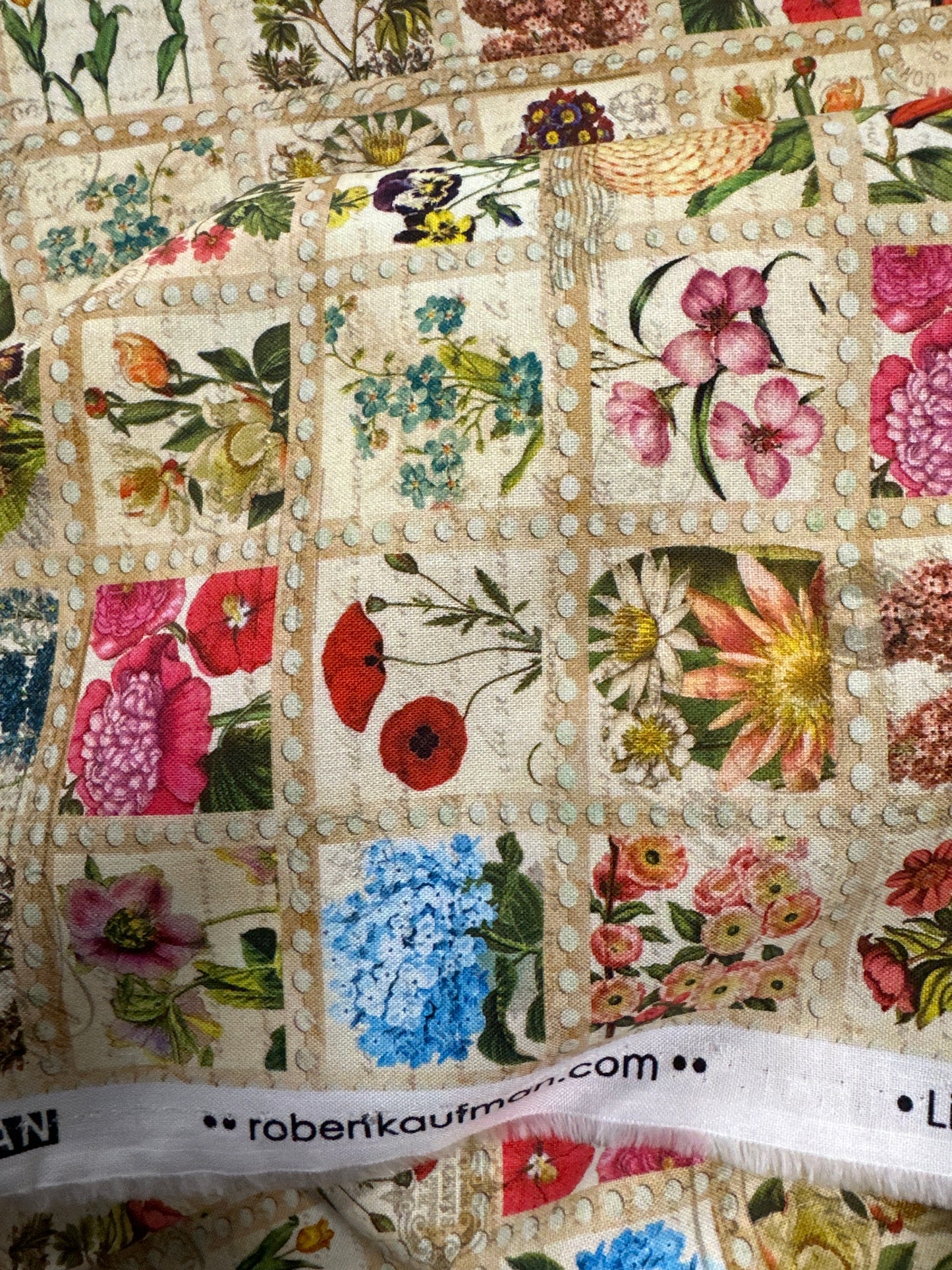 Last 35.5” x width of fabric - Library of Rarities - ANTIQUE - Vintage Flower Stamps - Robert Kaufman