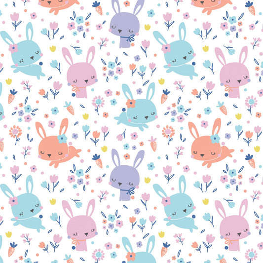 Last cut - approx 18" x Width of fabric - Flannel - Bunny Heads - Pastel Bunny Heads and Floral on White