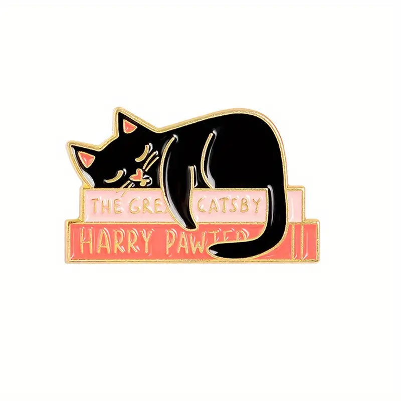 Enamel Pin - Black Cat sleeping on Books