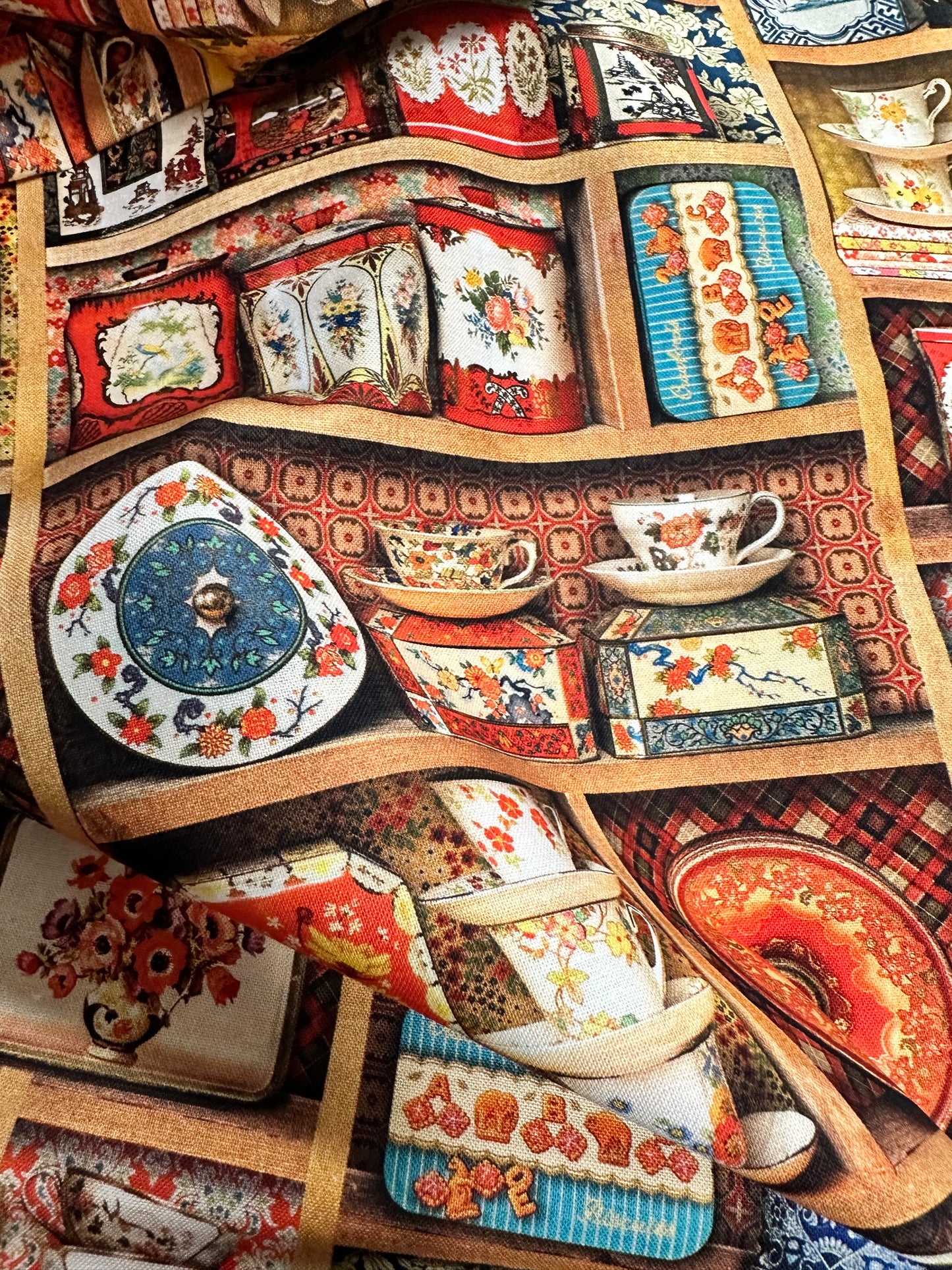 Library of Rarities - ANTIQUE - Vintage China - Plates and Cups on a wooden cabinet - Robert Kaufman - Priced per half metre