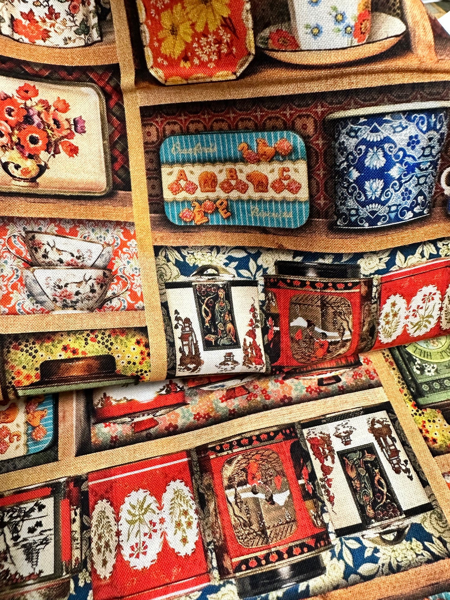 Library of Rarities - ANTIQUE - Vintage China - Plates and Cups on a wooden cabinet - Robert Kaufman - Priced per half metre