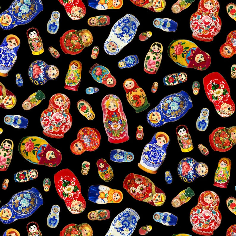 Matryoshka - Tossed Dolls Metallic Black from Elizabeth’s Studio Fabric