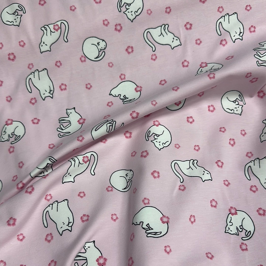Tricot - Katia Fabrics - Rose - Chats en fleurs de cerisier - Jersey - vendu au demi-mètre
