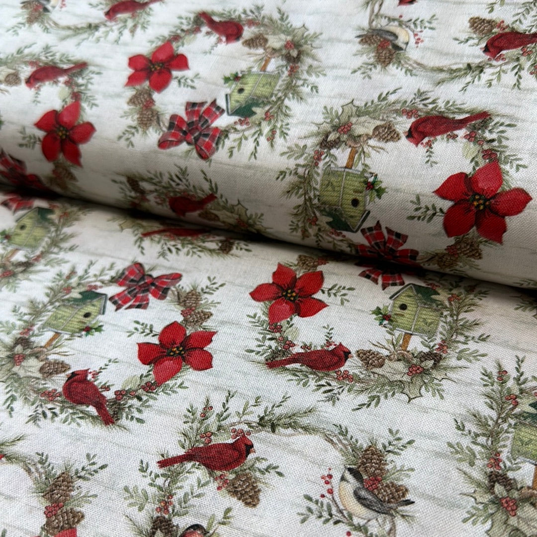 Back in stock - Christmas by Susan Winget Collection - Cardinal Wreaths - Priced per half metre