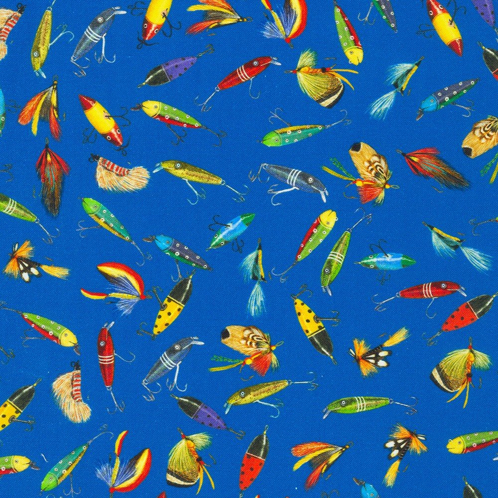 Robert Kaufman Fabrics - Lake House by Mary Lake Thompson for Robert Kaufman - Lagoon Fly Toss - Lures on Blue - Priced per half metre