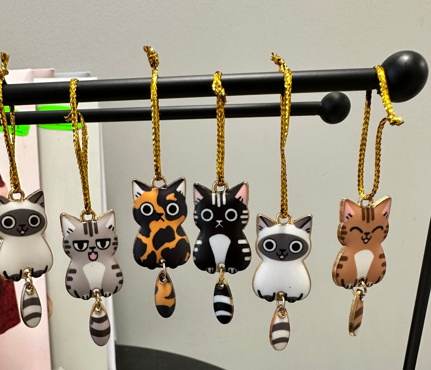 Enamel Cat Charms with Dangling Tails