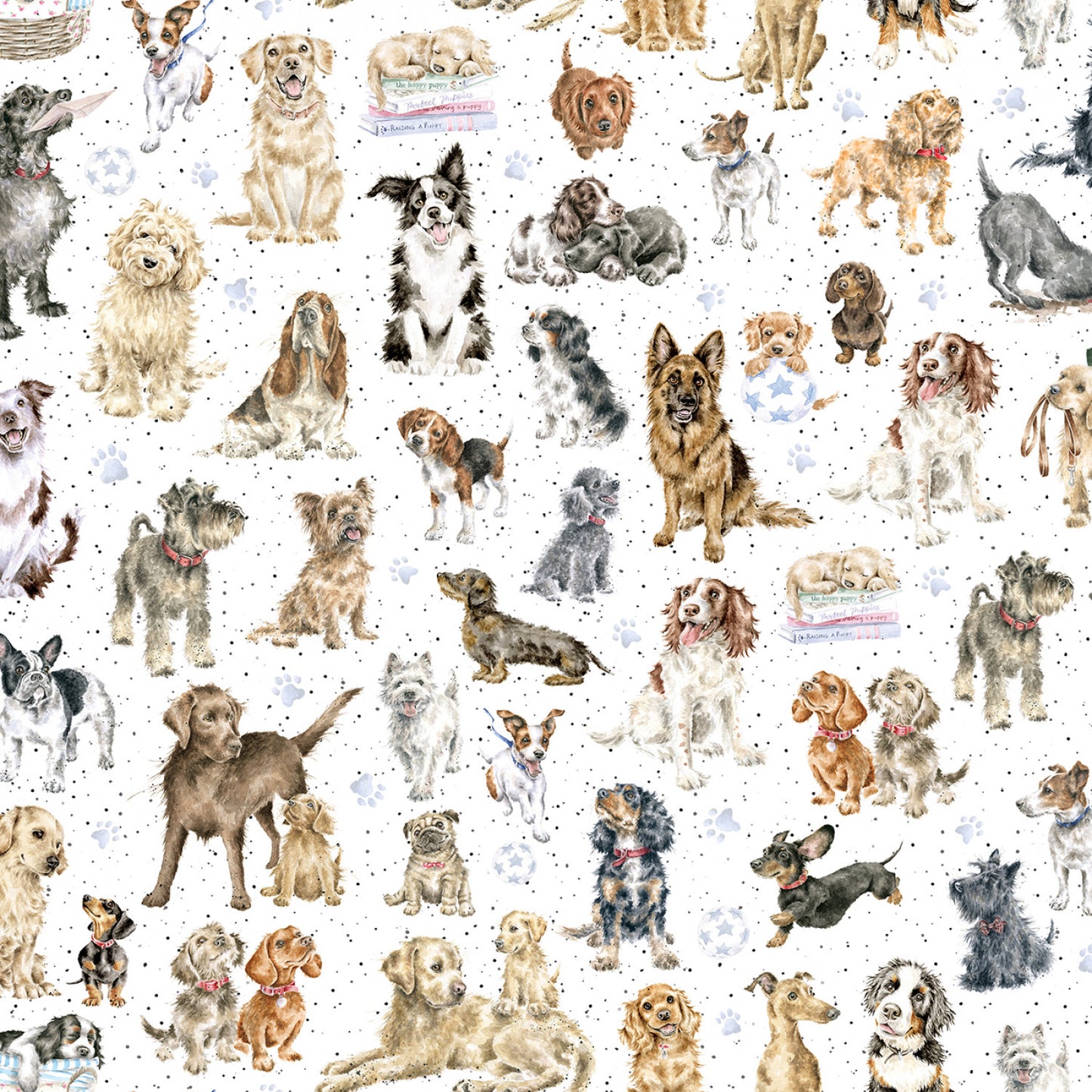 Tossed Dogs on white part of the Whiskers & Paws by Hannah Dale Collection- Hannah Dale for Maywood Studio - sold by the half metre