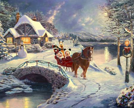 Disney Panel - Disney Mickey & Minnie - Evening Sleigh Ride -  Thomas Kinkade Studios Collection  - Panel 36" x 43/44"