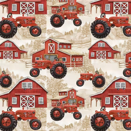 David Textiles - Farm Tractors - Red on cream - Priced per half Metre