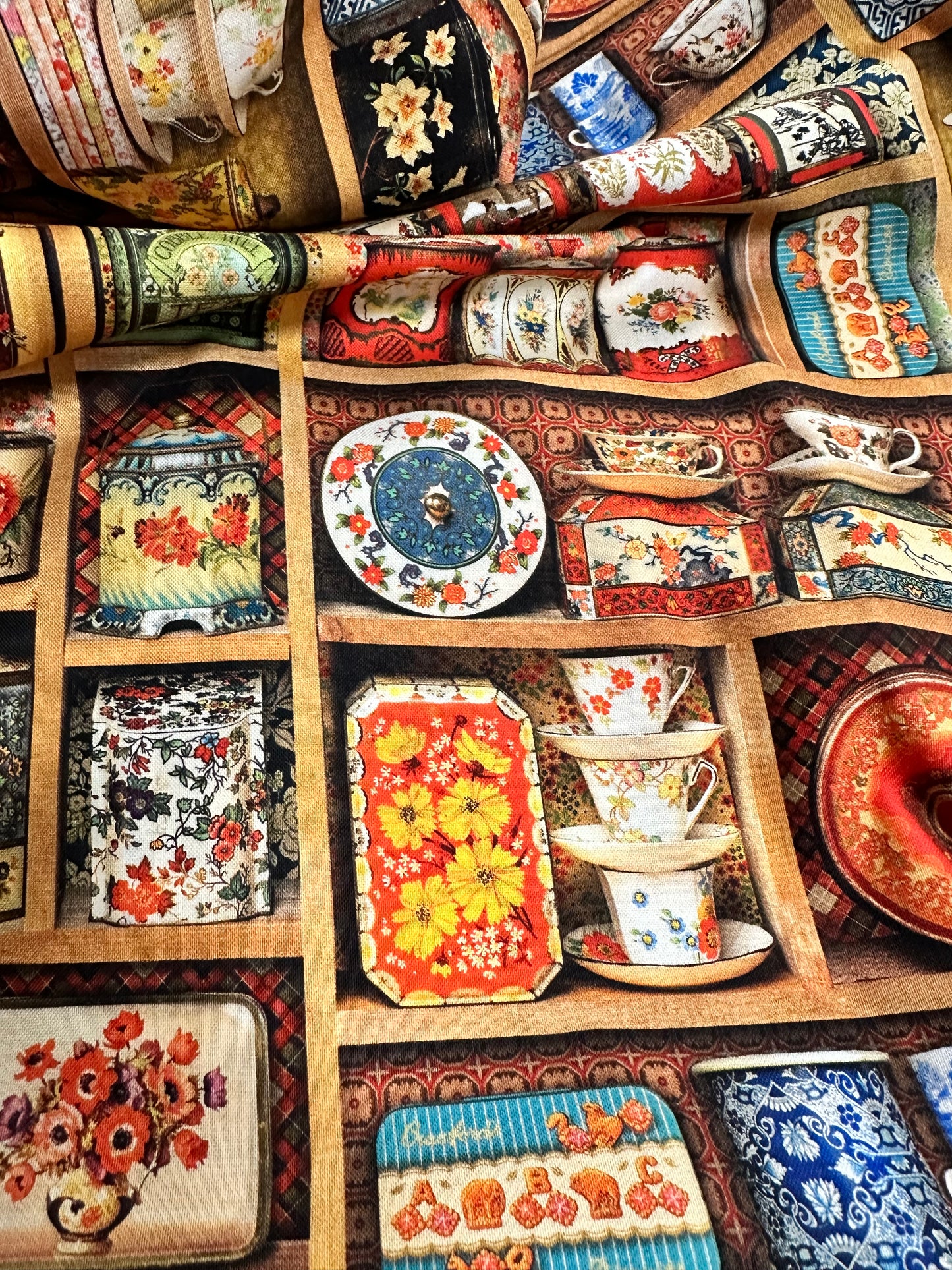 Library of Rarities - ANTIQUE - Vintage China - Plates and Cups on a wooden cabinet - Robert Kaufman - Priced per half metre