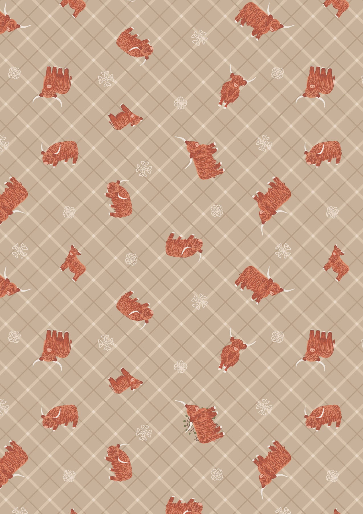 Highland cow on natural celtic check - Part of the Lewis & Irene small things Celtic Collection - Sold and priced by the Half Metre