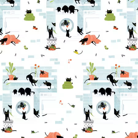 Dear Stella - Rinse Repeat - White - Part of the Cats in the Laundry Collection by Leezaworks for Dear Stella - Priced by the Half Metre