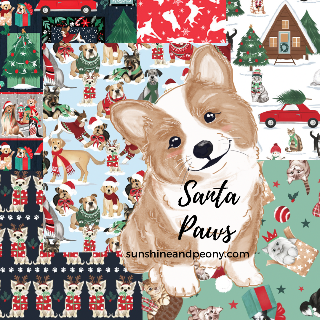 3 Wishes Fabric - Santa Paws - Packed Pups - Blue