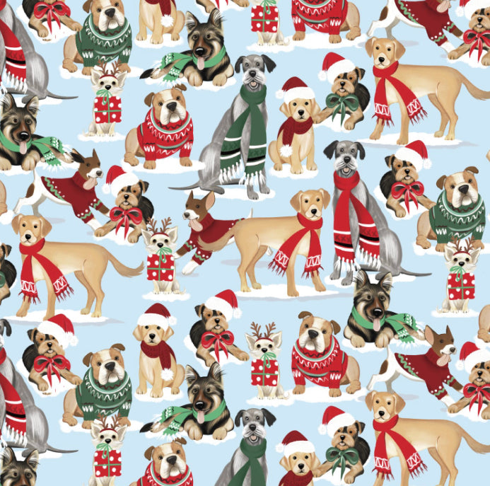 3 Wishes Fabric - Santa Paws - Packed Pups - Blue