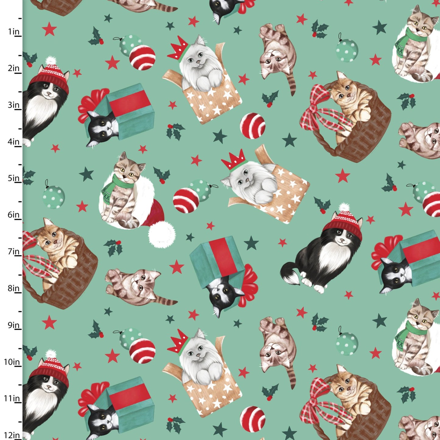 3 Wishes Fabric - Santa Paws - Purrfect Package - Green