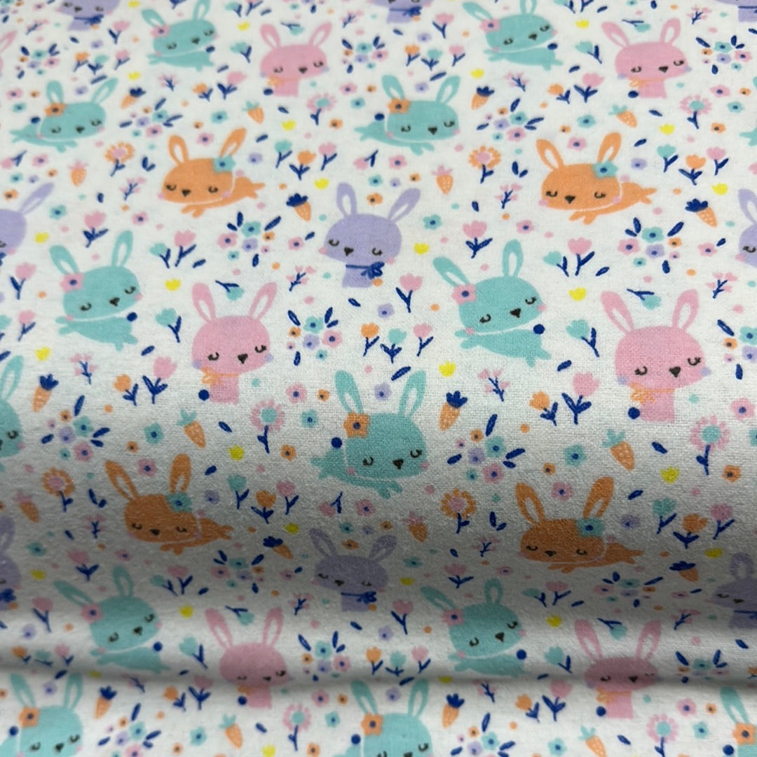 Flannel - Bunny Heads - Pastel Bunny Heads and Floral on White