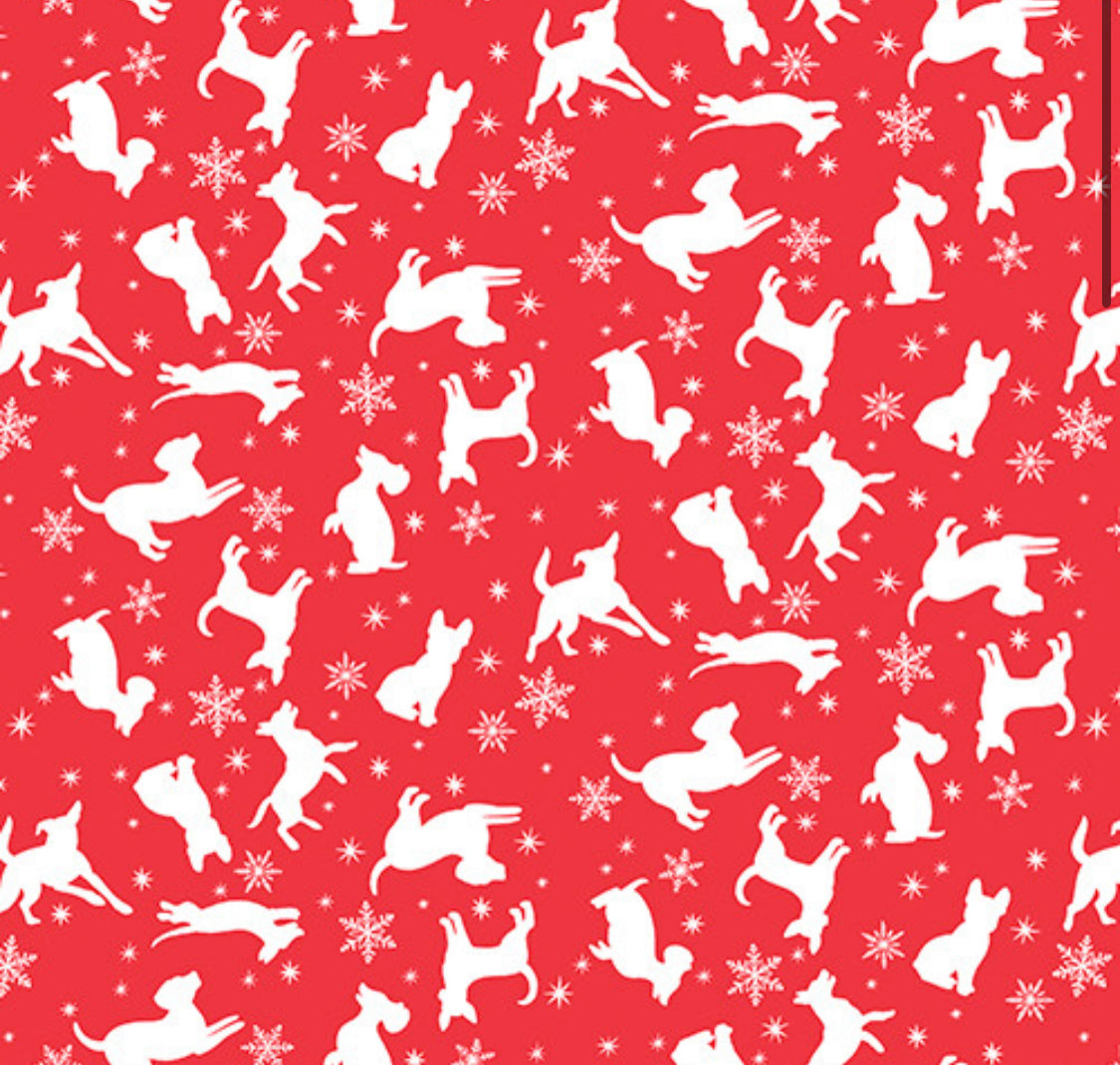 3 Wishes Fabric - Santa Paws - Tossed Silhouettes - Red Pups - Blue