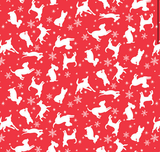 Last cut from bolt - 28.5" x width of fabric - 3 Wishes Fabric -  Santa Paws - Tossed Silhouettes - Red  Pups - Blue