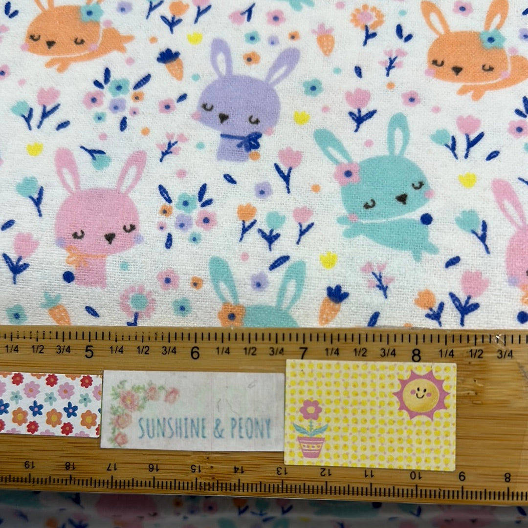 Flannel - Bunny Heads - Pastel Bunny Heads and Floral on White