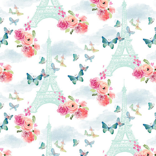 Blank Quilting  - Love is in the Air - Eiffel Tower with flowers and Butterflies  - White - Priced per half Metre