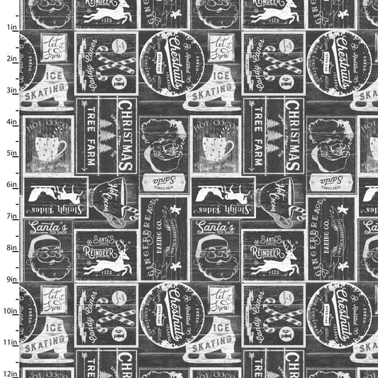 3 Wishes Fabric -  A Christmas to Remember - Vintage Patch - Charcoal