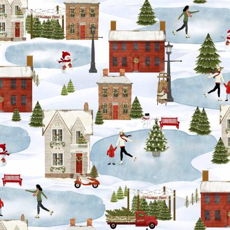 3 Wishes Fabric - A Christmas to Remember - Skating Village - White