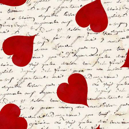 3 Wishes Fabric - Love Letter and Hearts - Beige