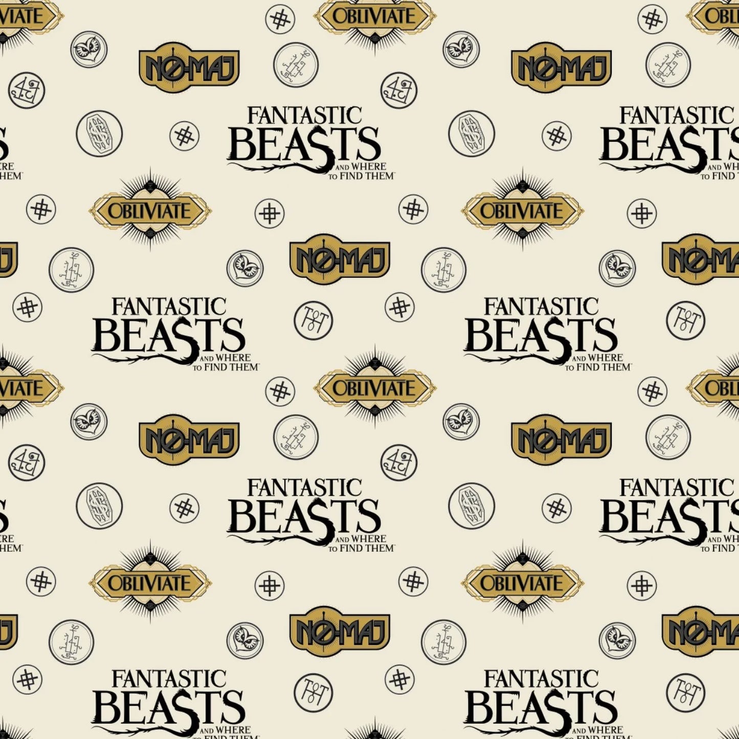 Flannel - Sayings & Symbols - Printed Flannel from Fantastic Beasts and Wizarding World - Cream